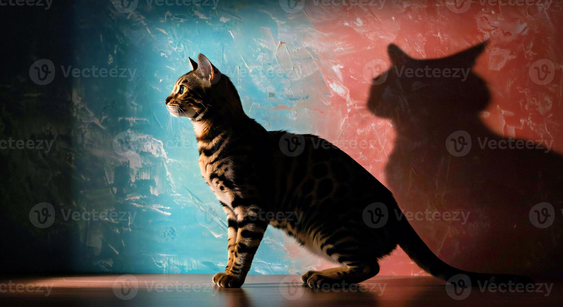 A cat is standing in front of a wall with a colorful background photo