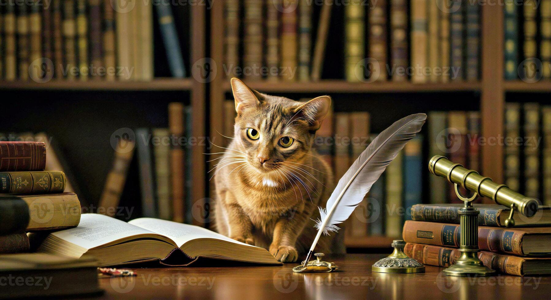 A cat sitting on a table with a quill and a feather photo