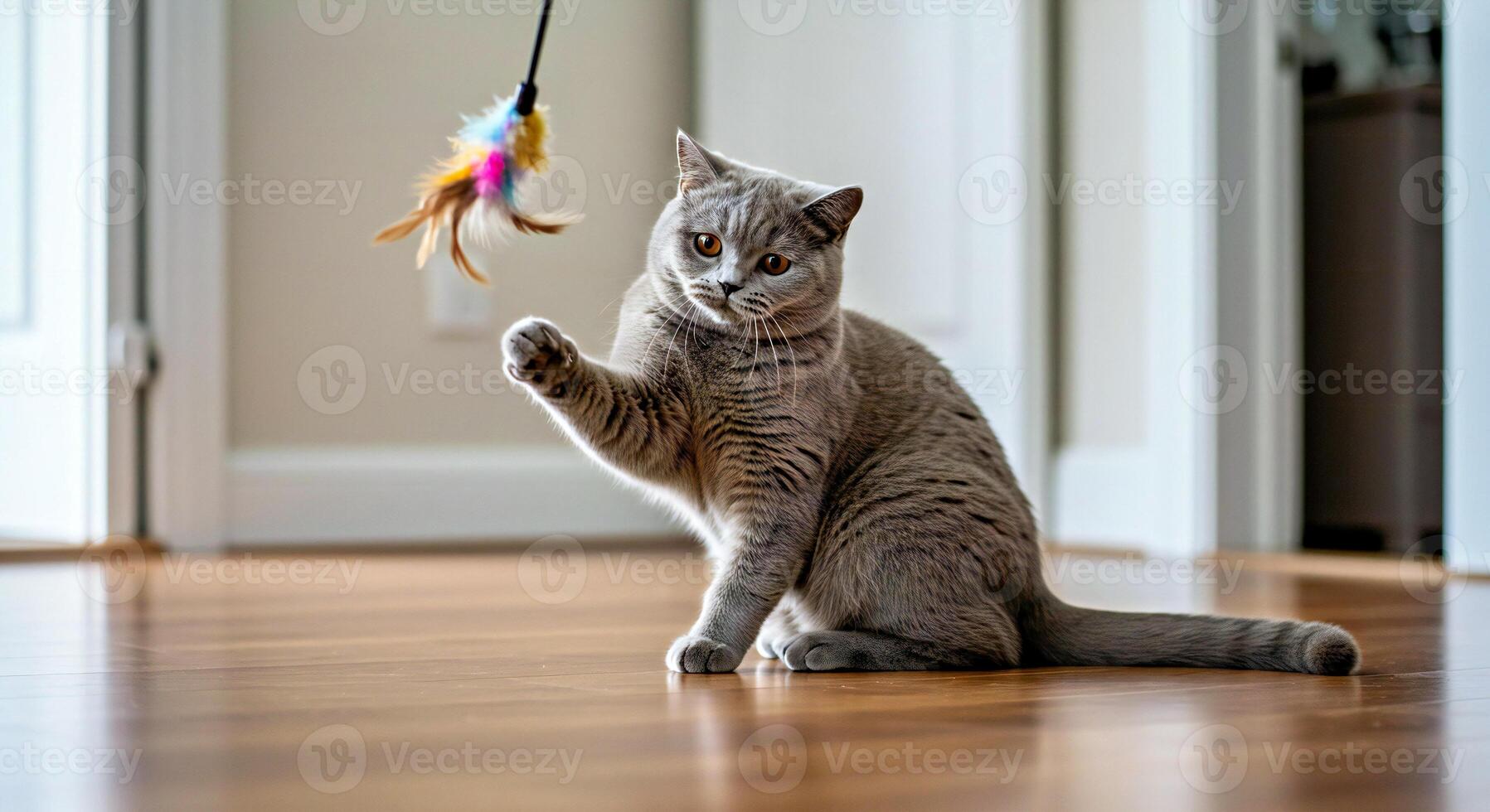 A cat playing with a feather toy on the floor photo