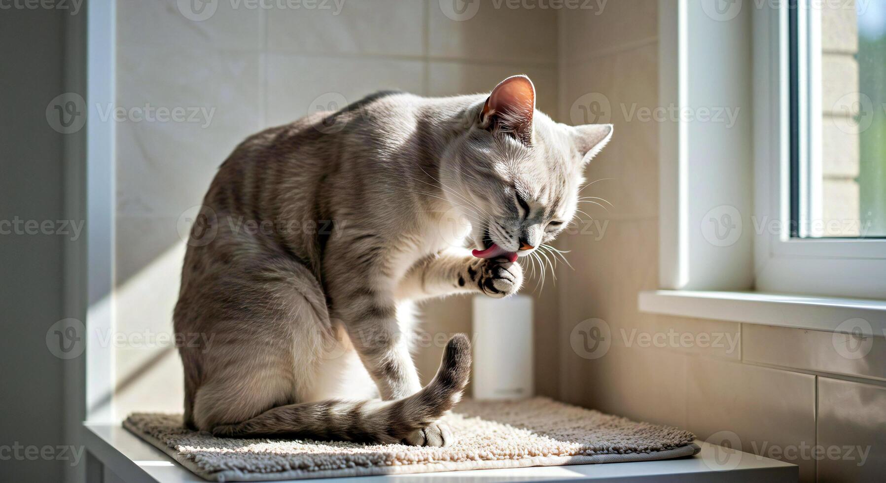 A cat is sitting on a window sill and eating something photo