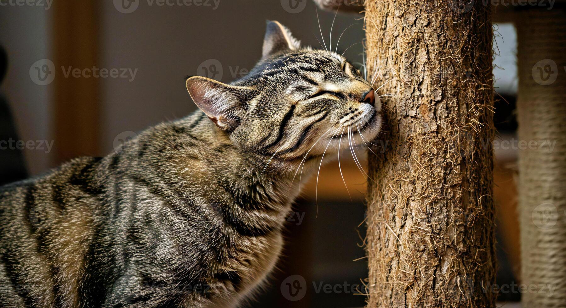 A cat is sniffing a tree photo
