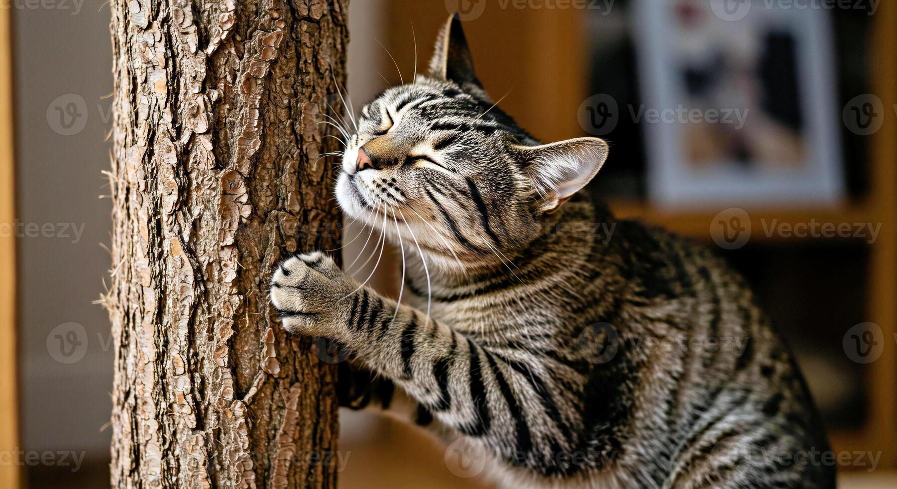 A cat is scratching a tree photo