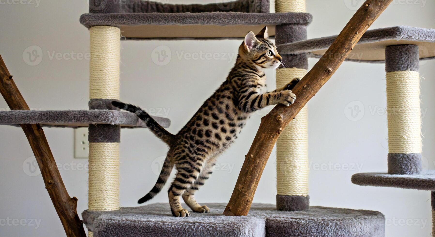 A cat climbing on a cat tree photo