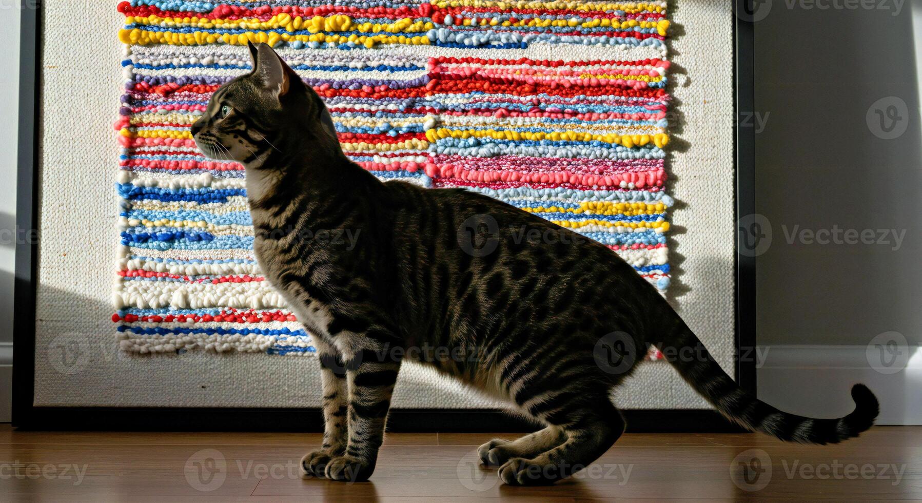 A cat standing in front of a painting photo