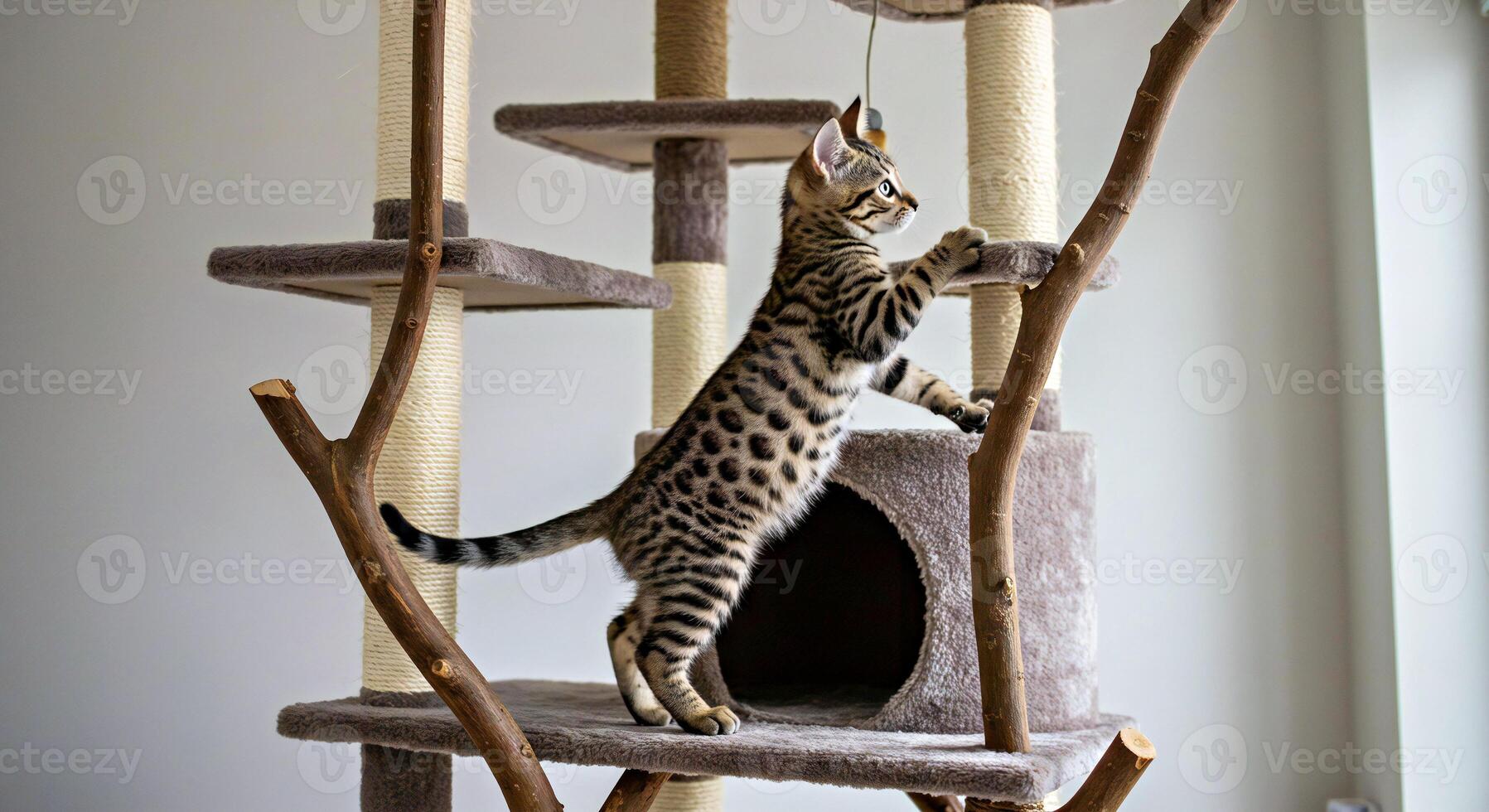 A cat climbing on a cat tree in a room photo
