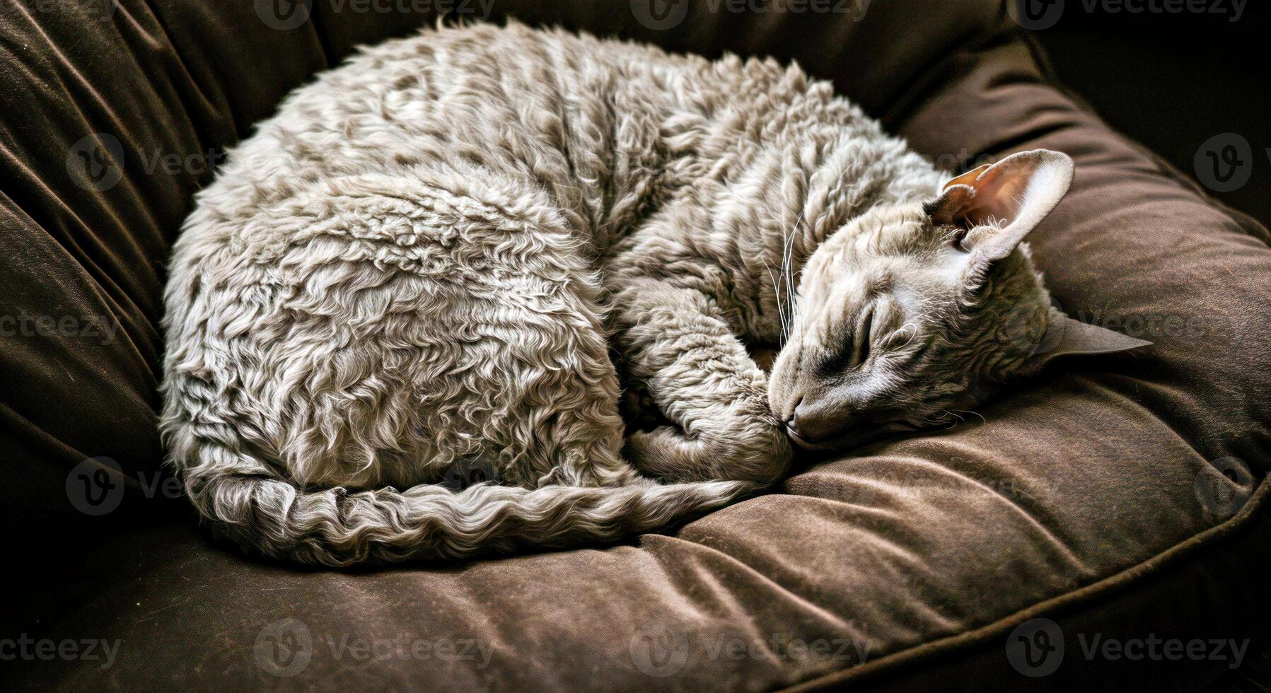 A cat curled up on a couch photo