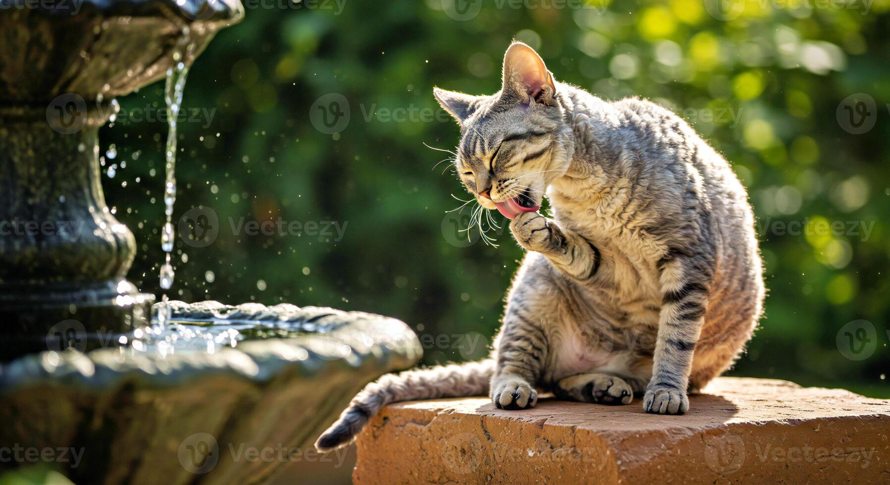 A cat sitting on a ledge near a fountain photo