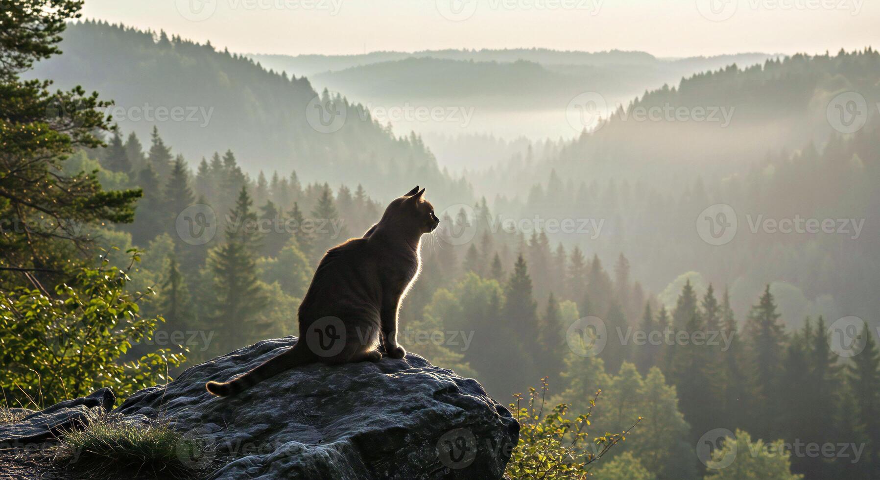 A cat sitting on a rock overlooking a forest photo