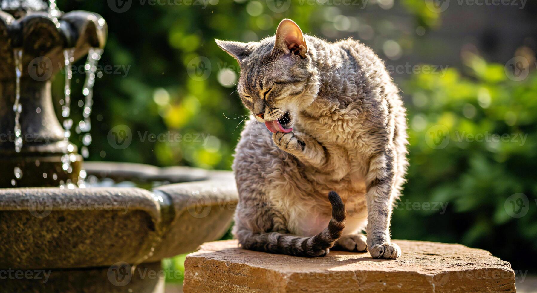 A cat sitting on a rock near a fountain photo