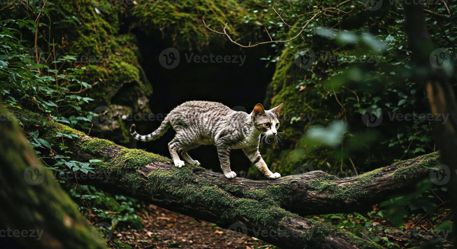 A cat walking on a tree branch photo