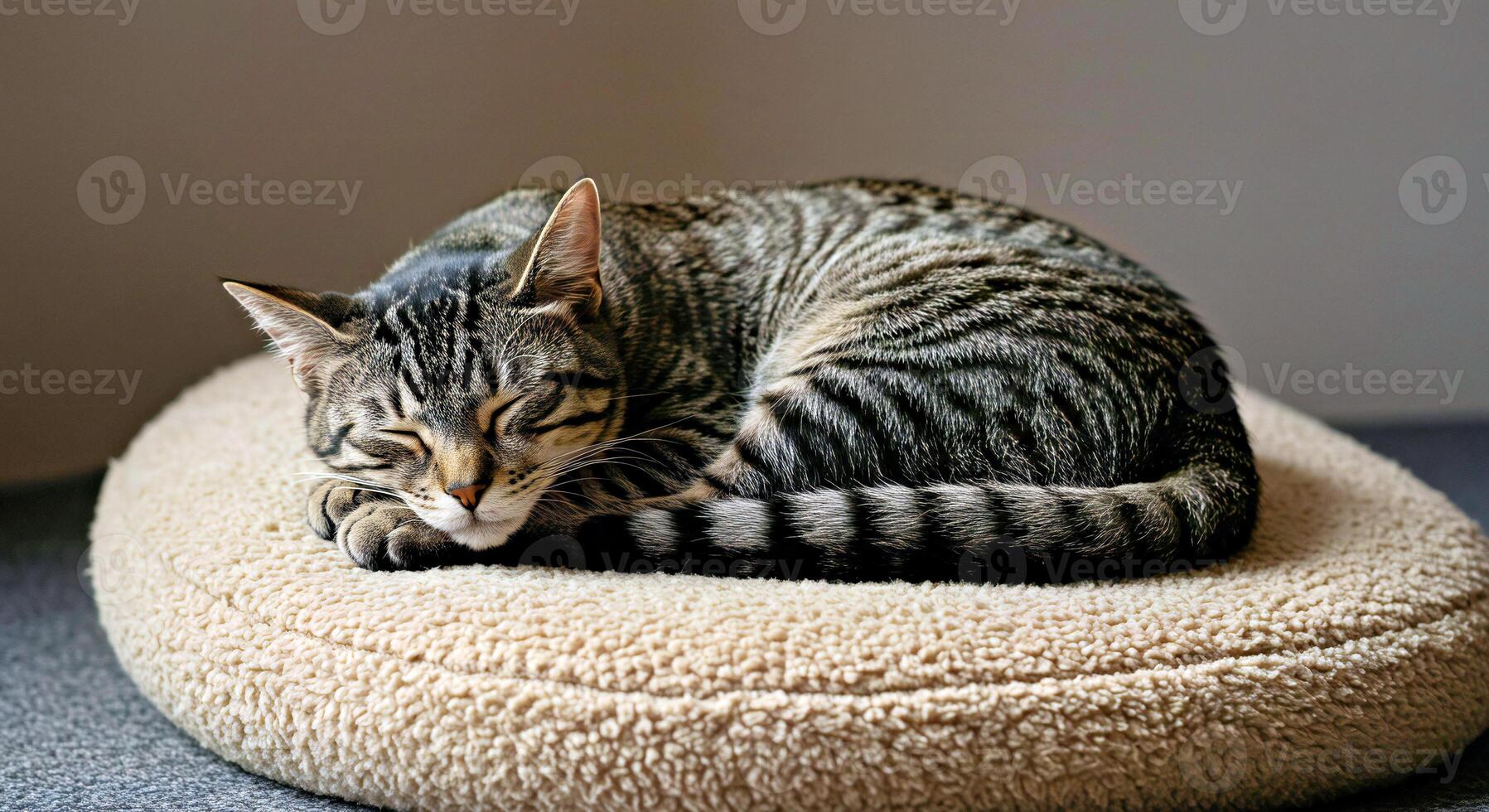 A cat curled up on a cushion photo