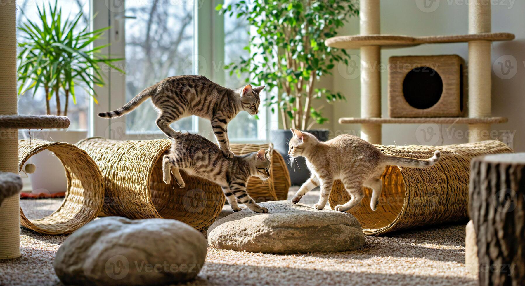 Two cats playing on a cat tree in a room photo