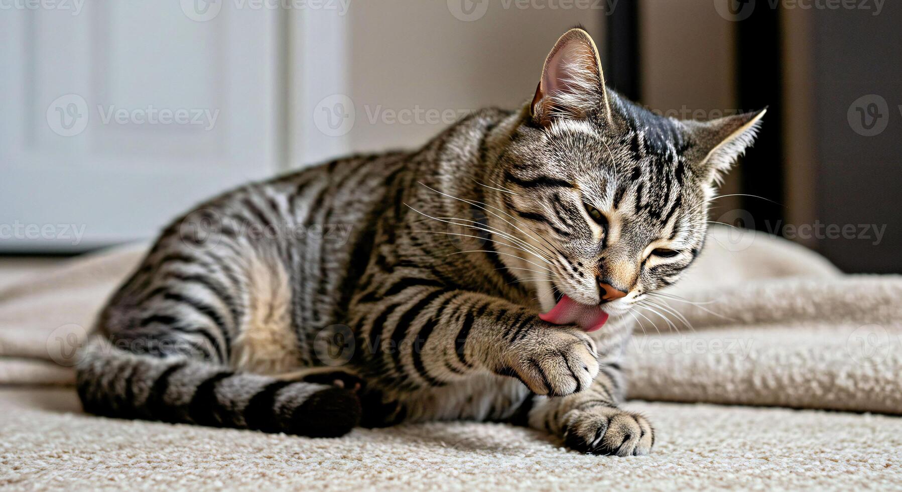 A cat licking its tongue on a carpet photo