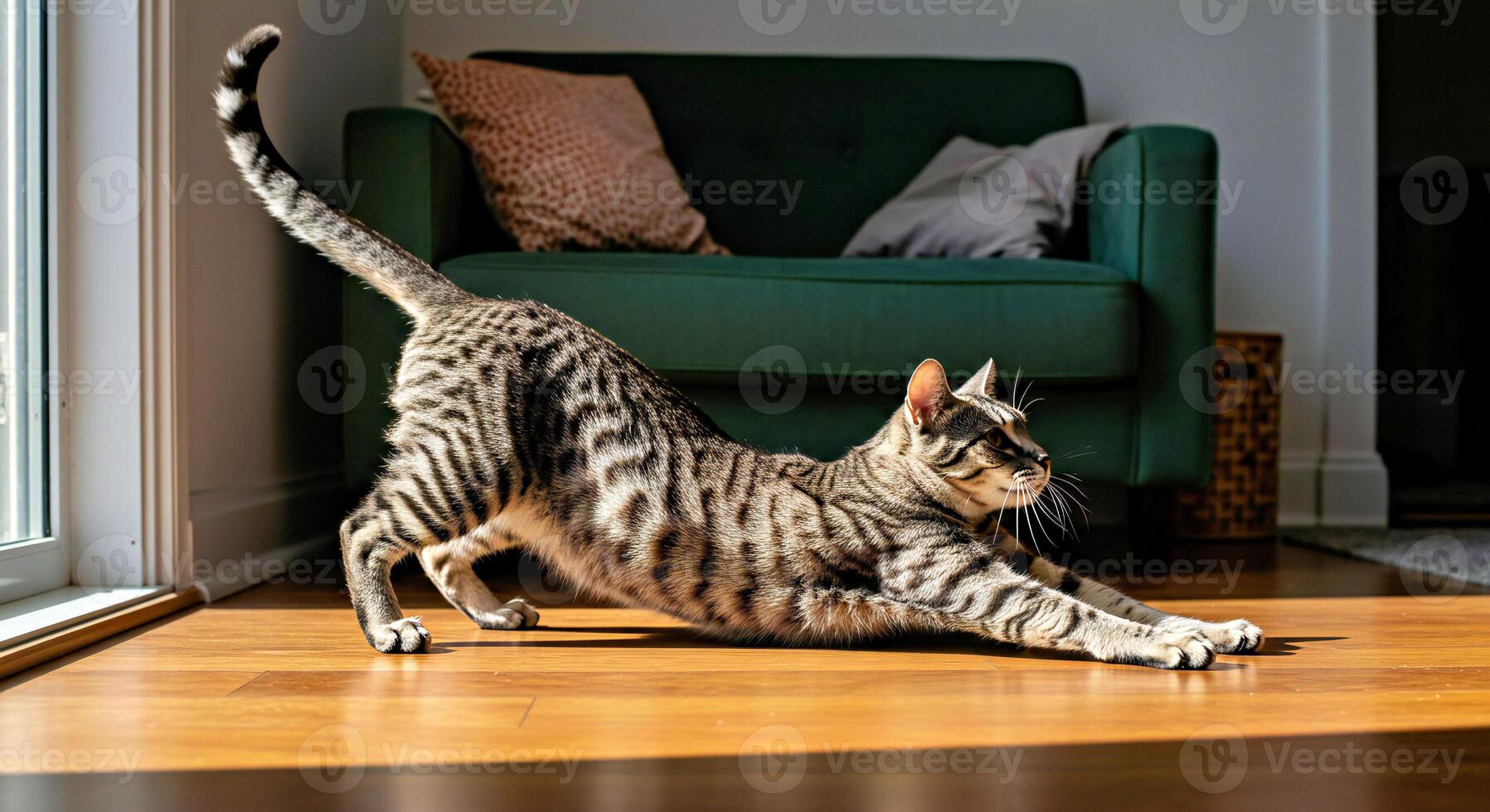 A striped cat stretching on the floor photo