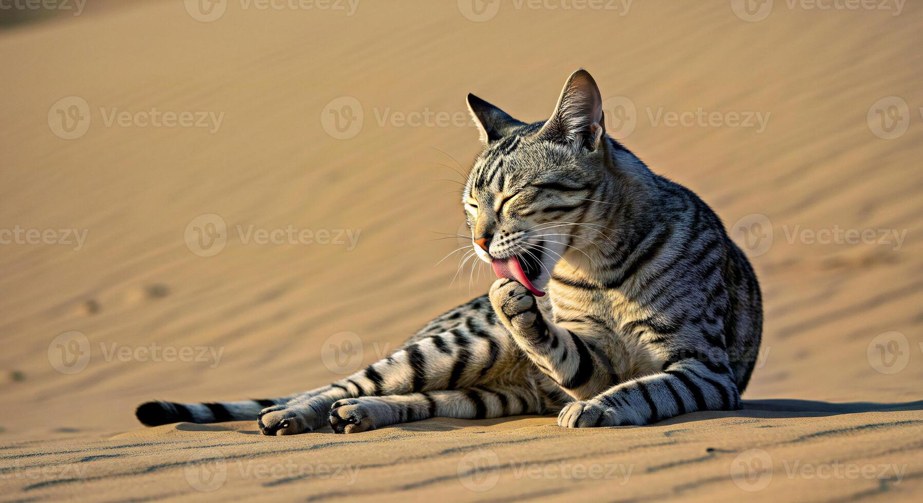 A striped cat sitting on the sand with its tongue out photo