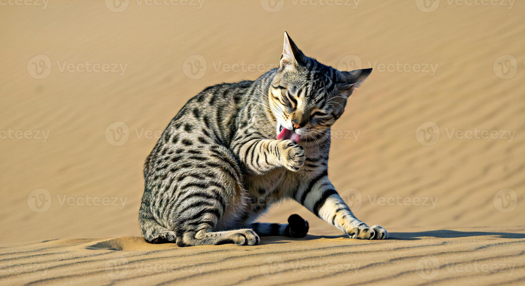 A striped cat sitting on the sand in the desert photo