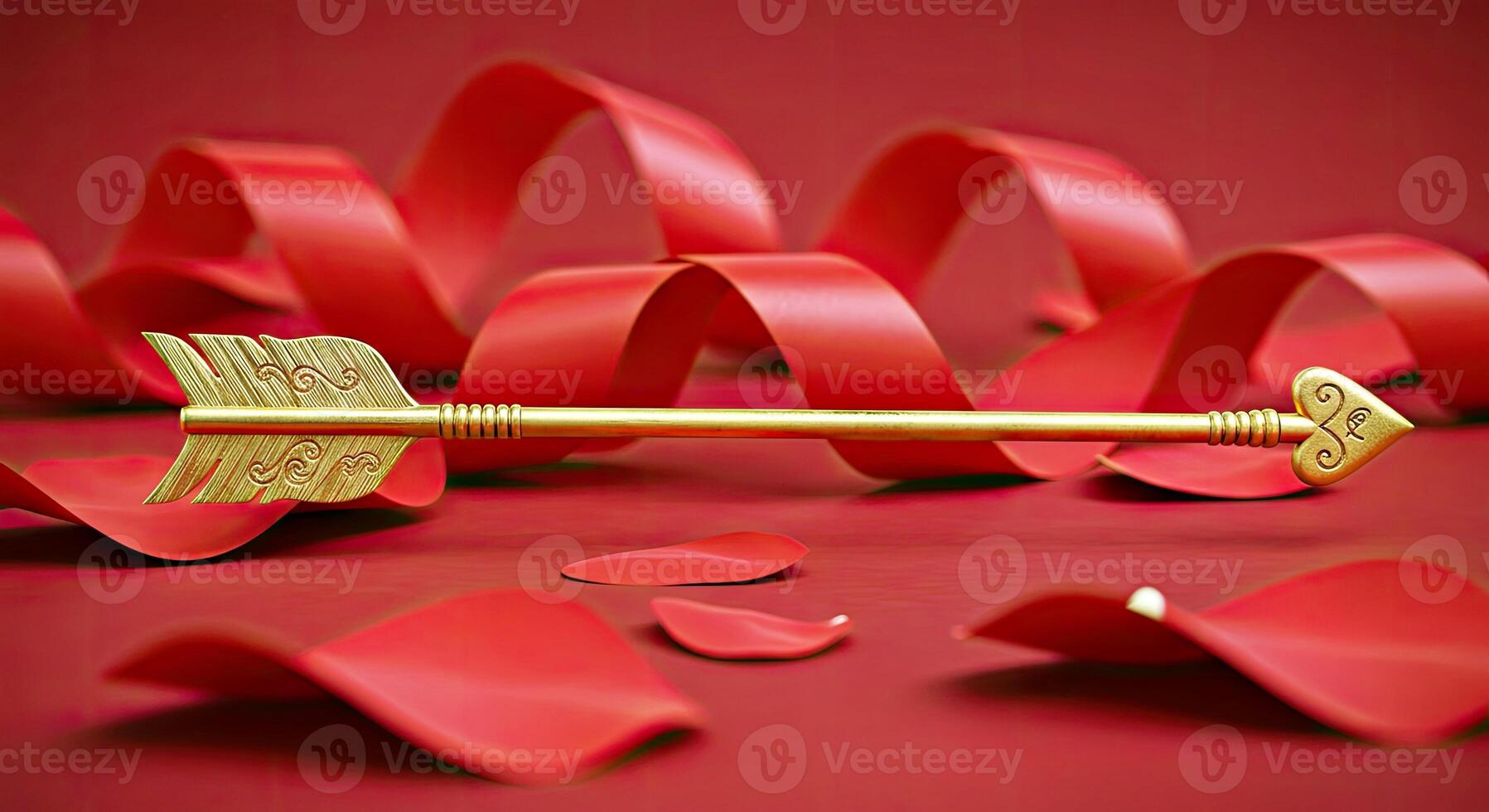 A golden arrow with a red ribbon around it photo