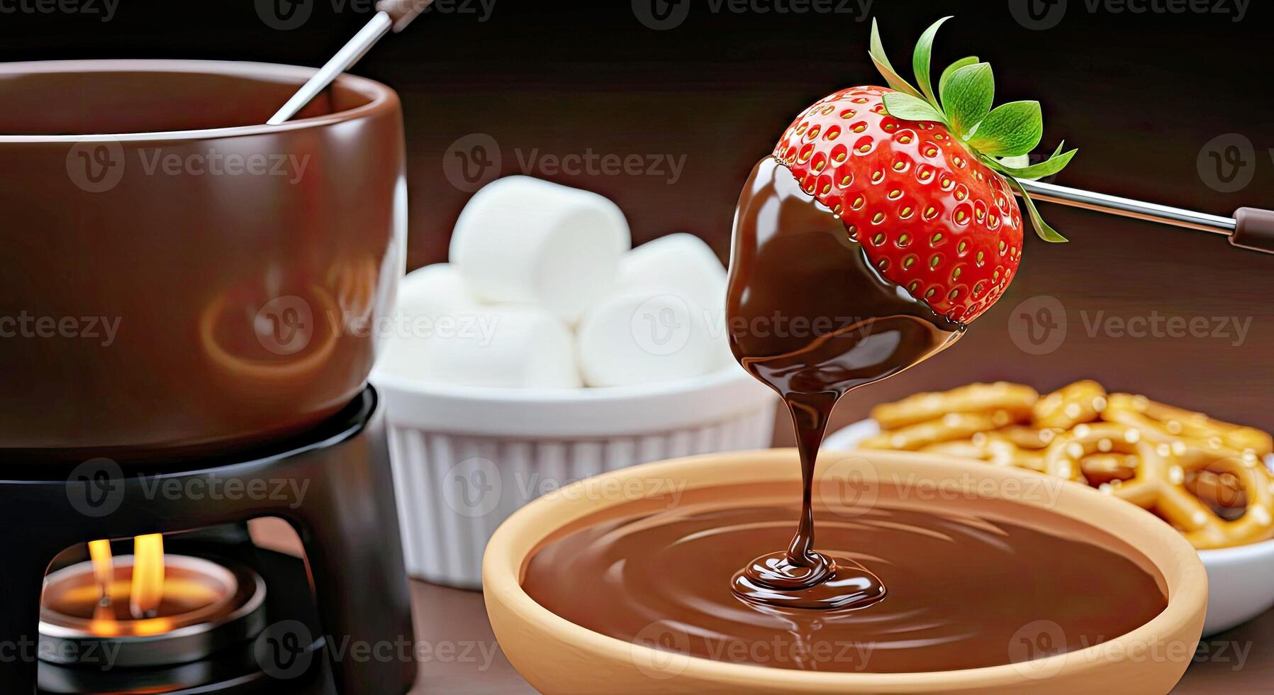 A chocolate fondue with strawberries and pretzels photo