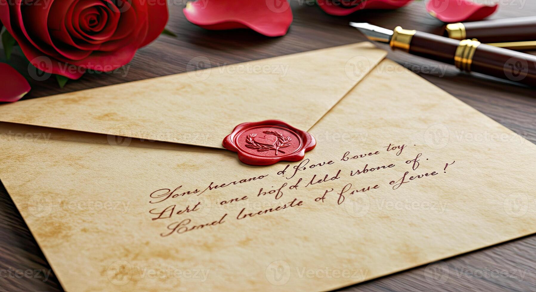 Wax seal on envelope with red roses photo