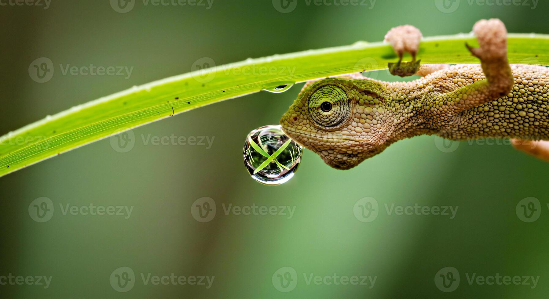 A chameleon is drinking water from a leaf photo