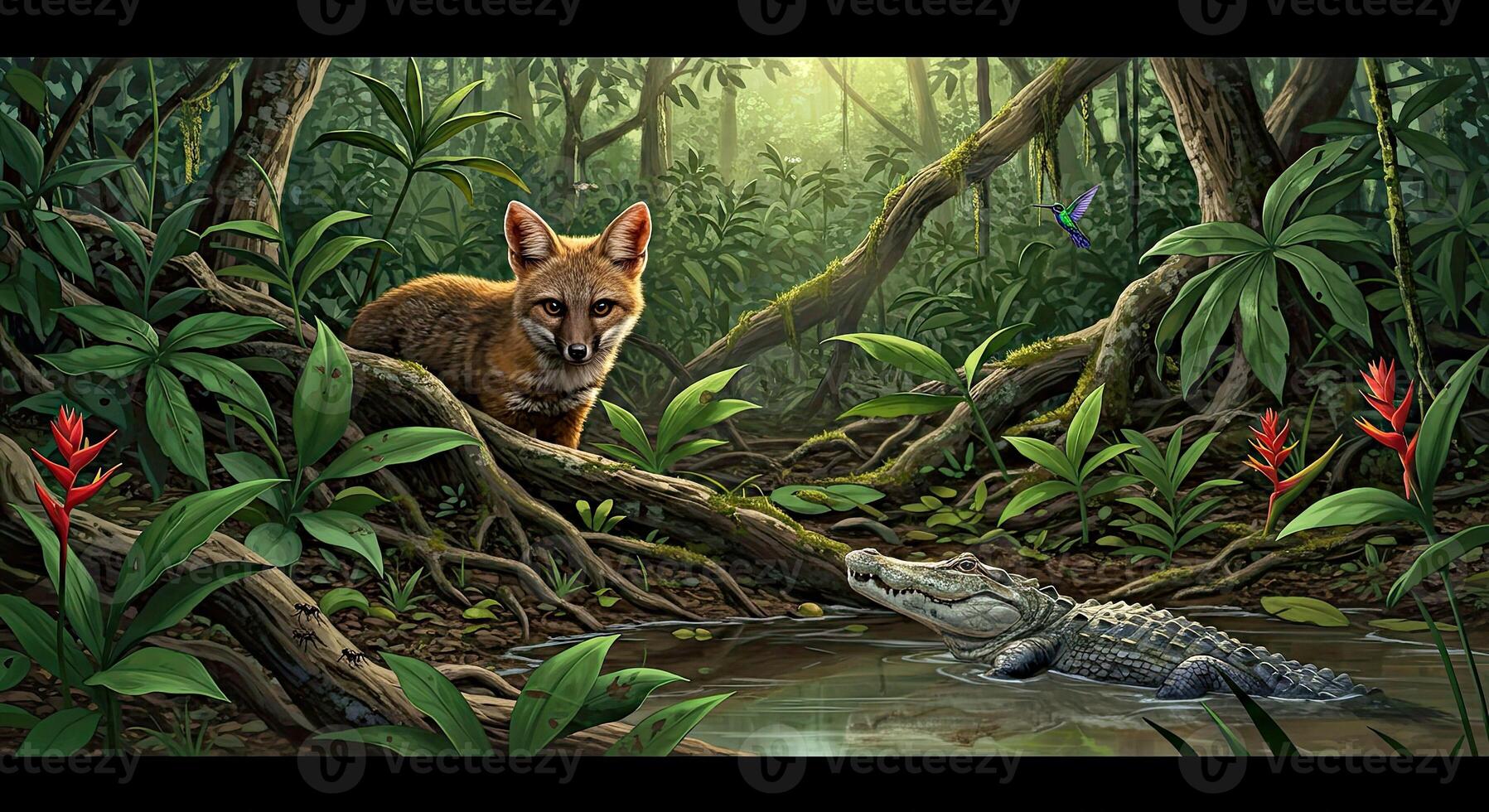 A painting of a fox and crocodile in the jungle photo