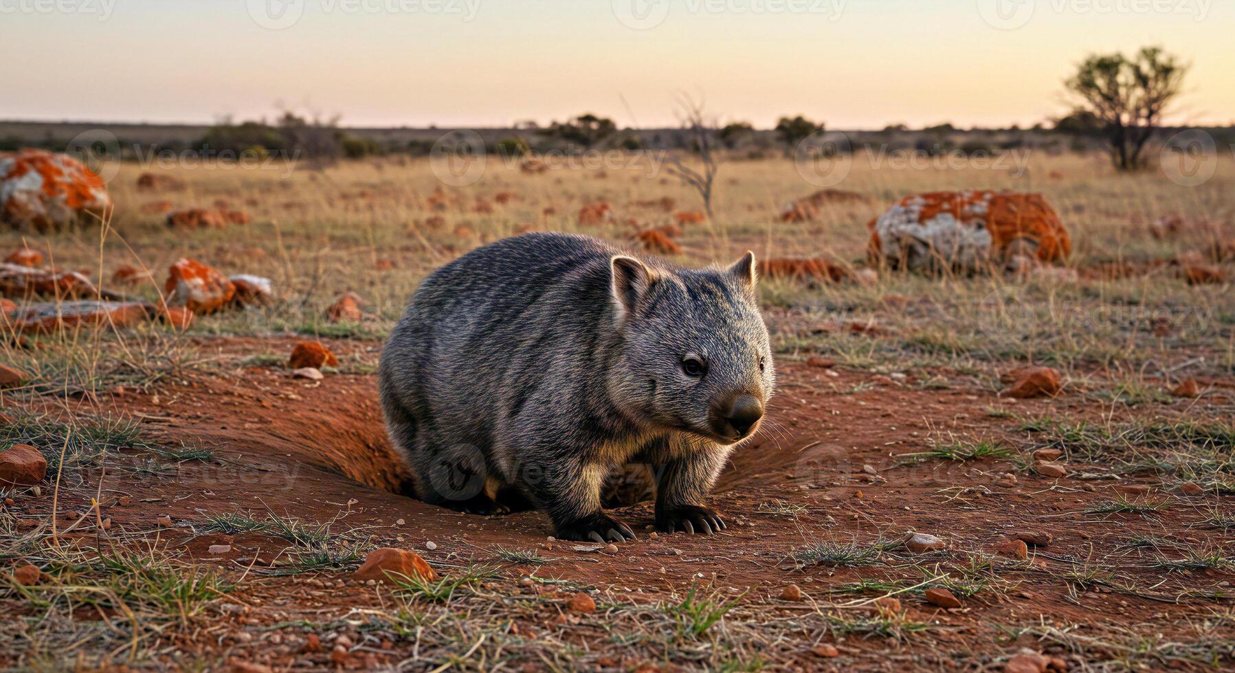 A wombat is standing in the dirt in the middle of the desert photo
