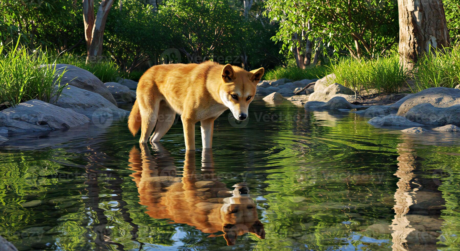 A dog is standing in a river photo