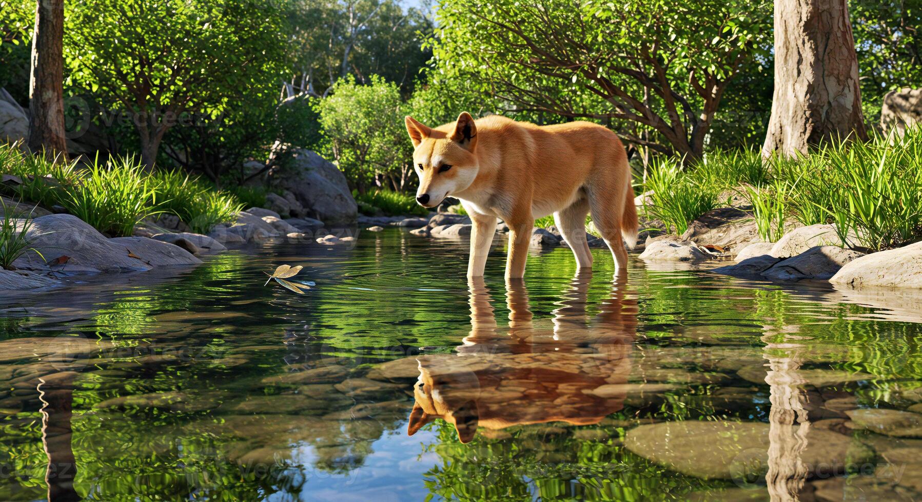 A dog standing in a river photo
