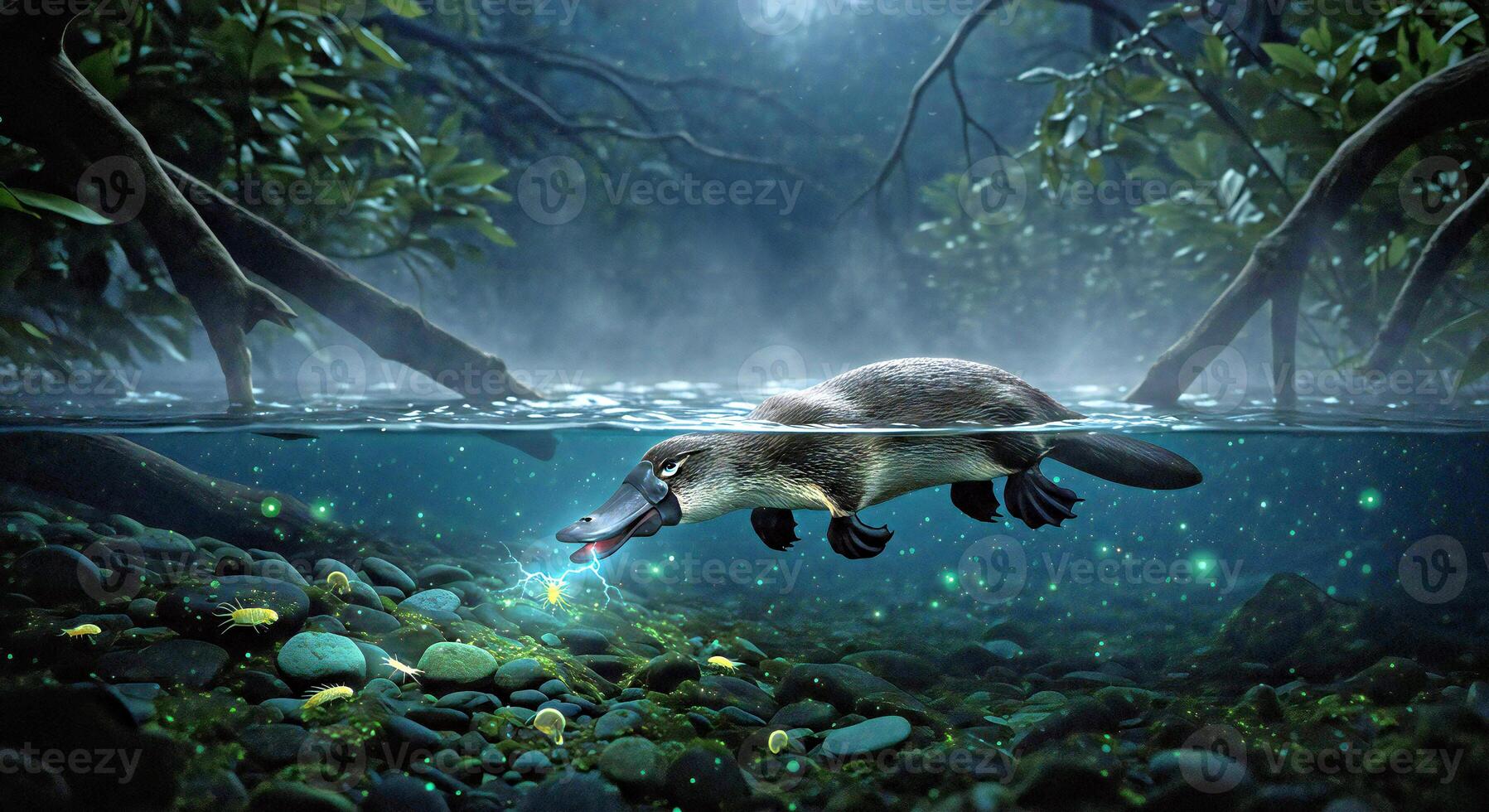A platypus swimming in the water with a glowing light photo