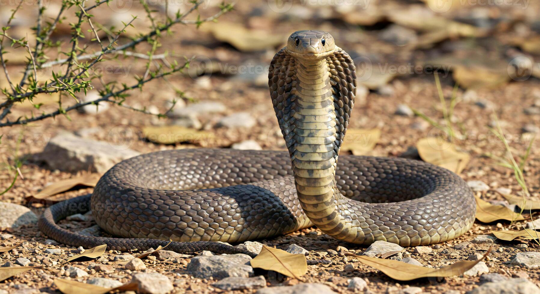 A cobra is sitting on the ground with its head turned to the side photo