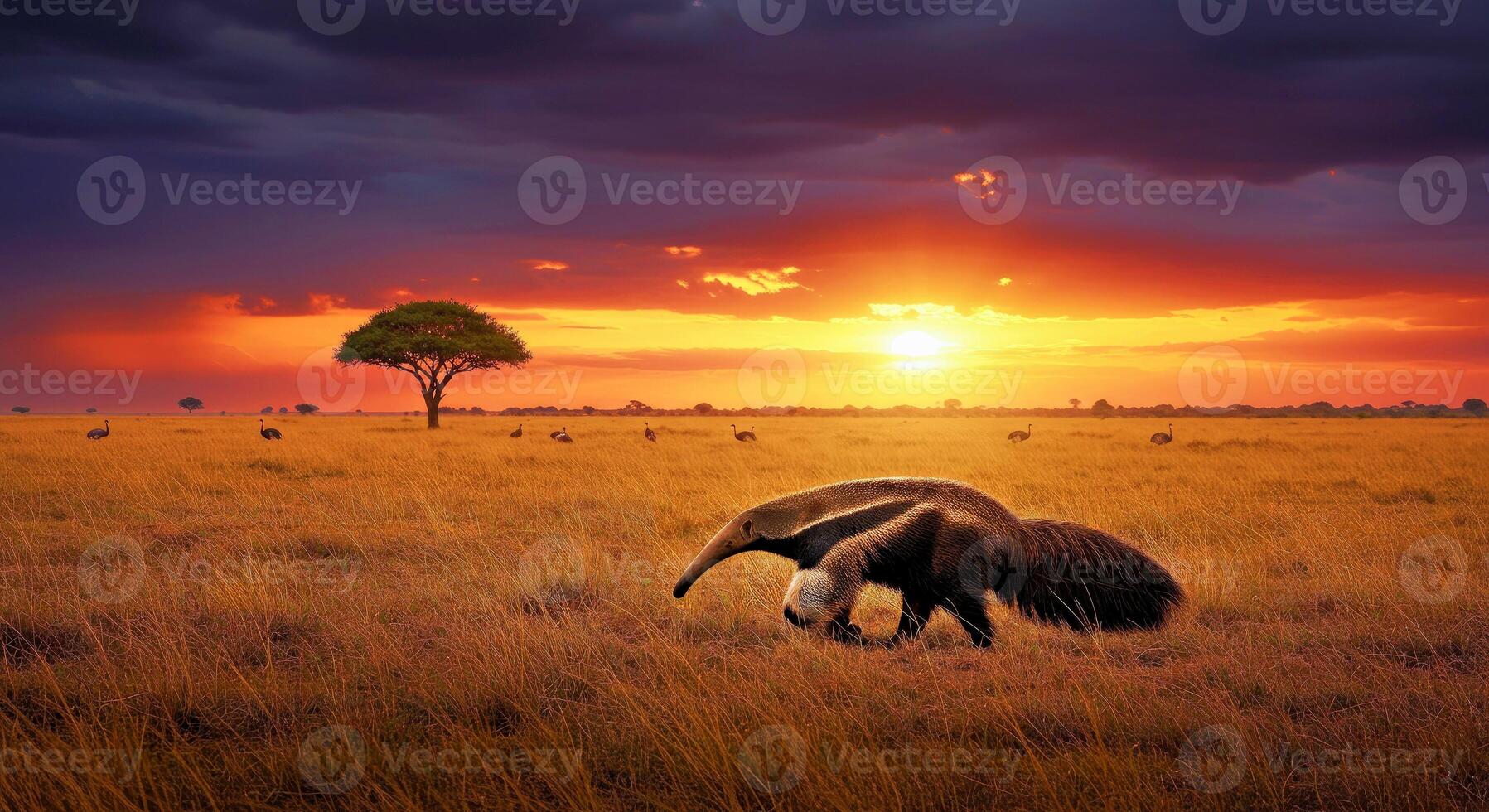 A large antelope is walking across a field at sunset photo
