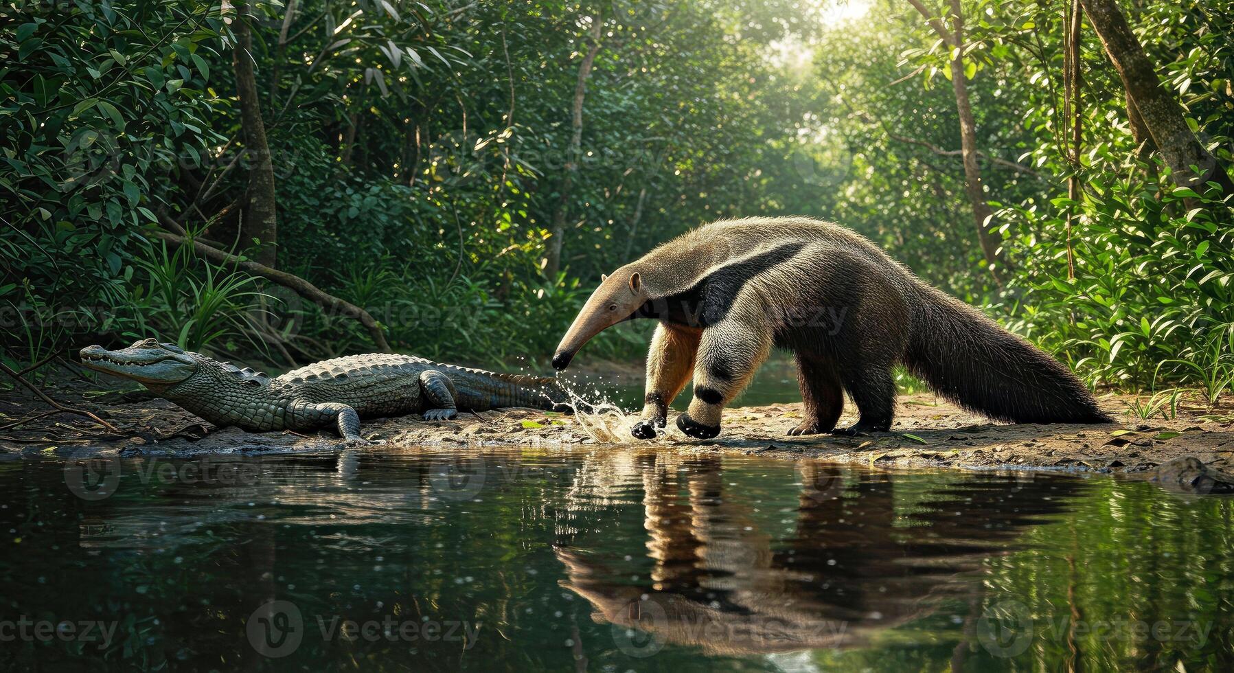 A large anteater and an alligator in the water photo