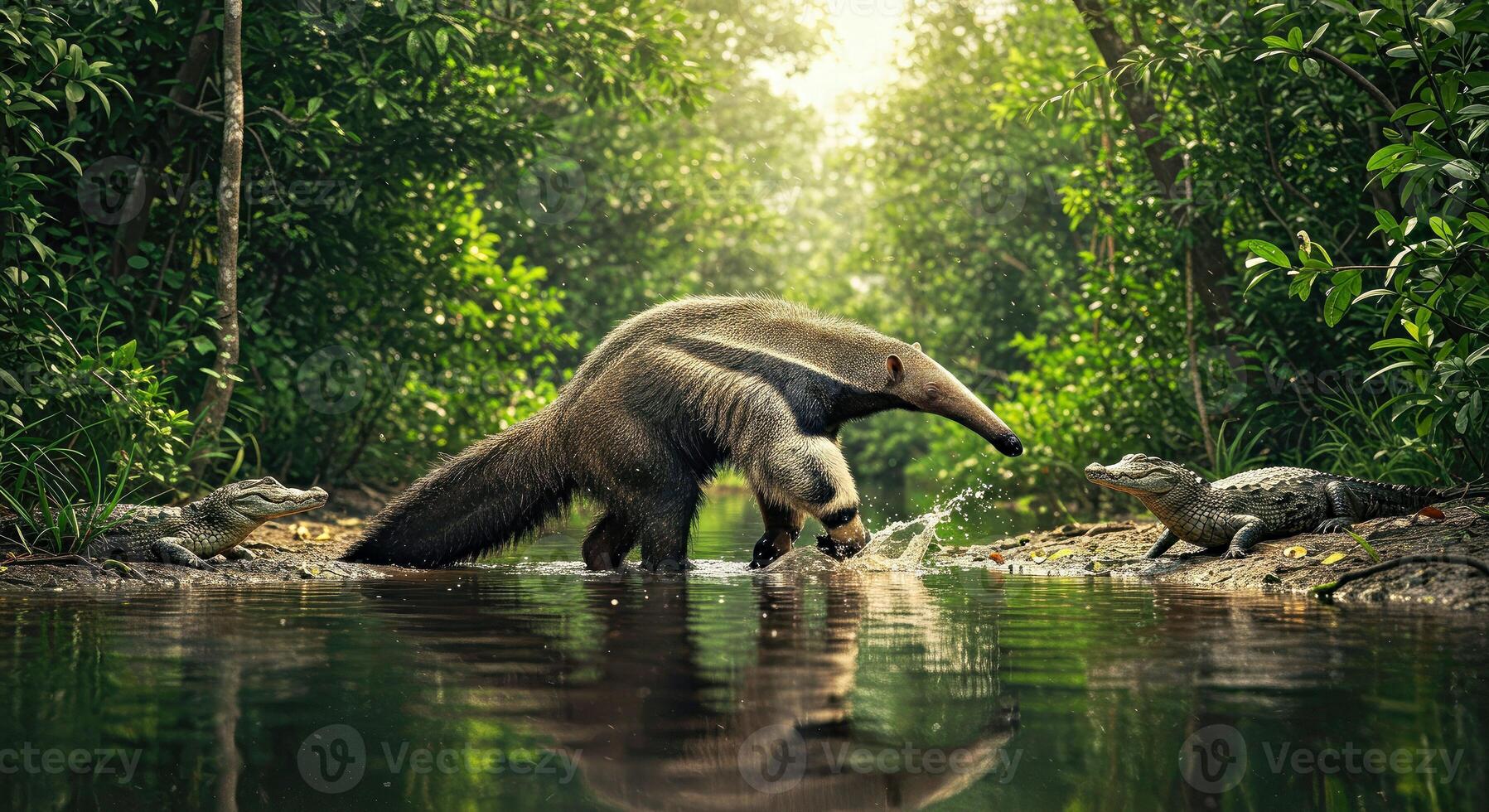 An anteater walking through a river with crocodiles photo