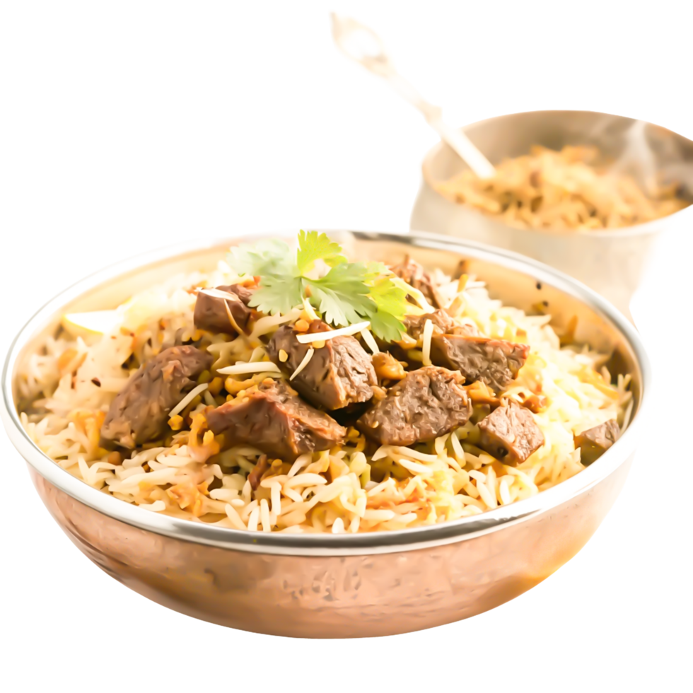 Delicious Beef Biryani in Copper Bowl Aromatic Indian Rice Dish png