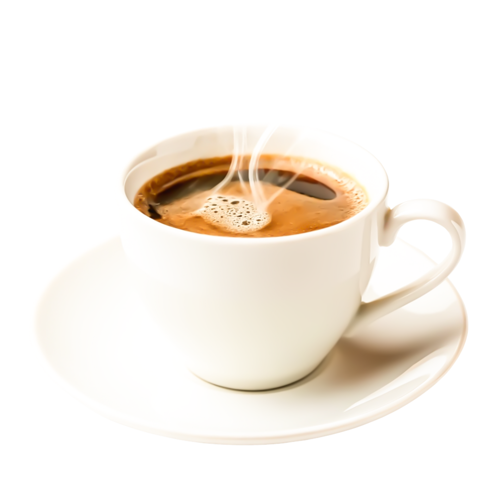 Aromatic Hot Coffee in White Cup and Saucer, Steam Rising png