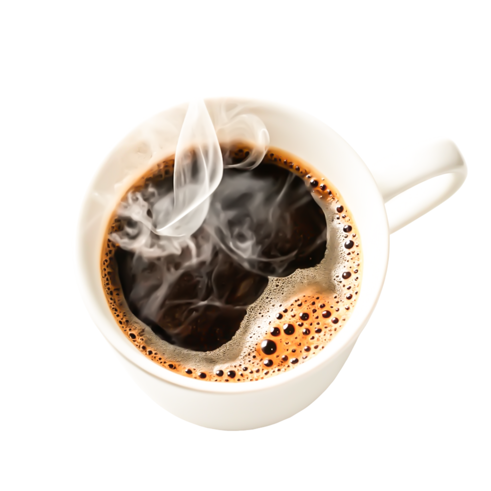 Steaming Hot Coffee in White Mug, Close-up Top View png