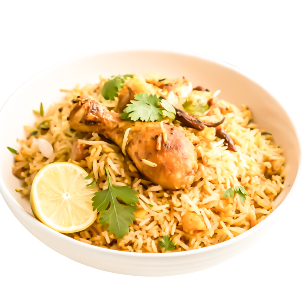 Delicious Chicken Biryani in White Bowl Aromatic Indian Rice Dish png