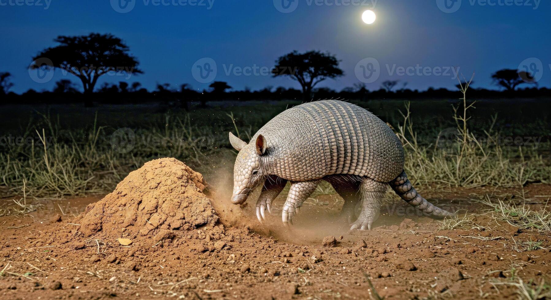 A large armadillo digging in the dirt at night photo