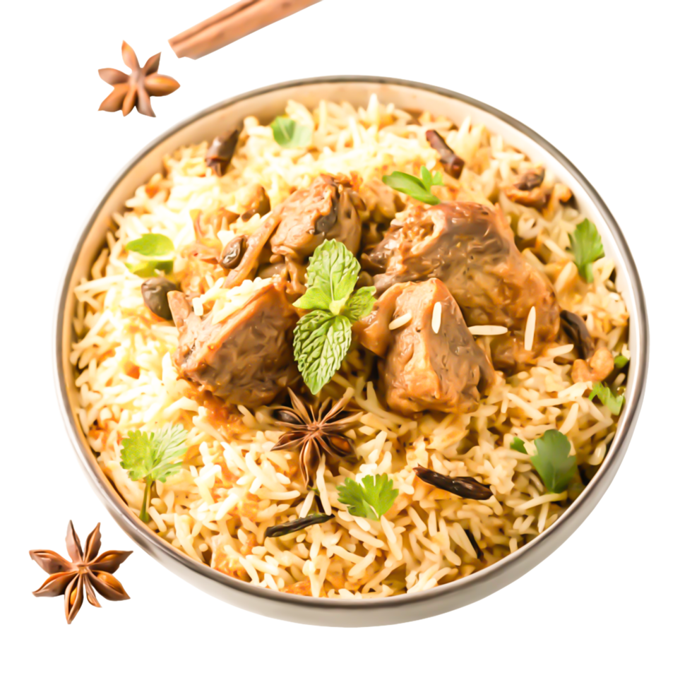 Delicious Mutton Biryani in Bowl Aromatic Spices, Indian Cuisine Food Photography png