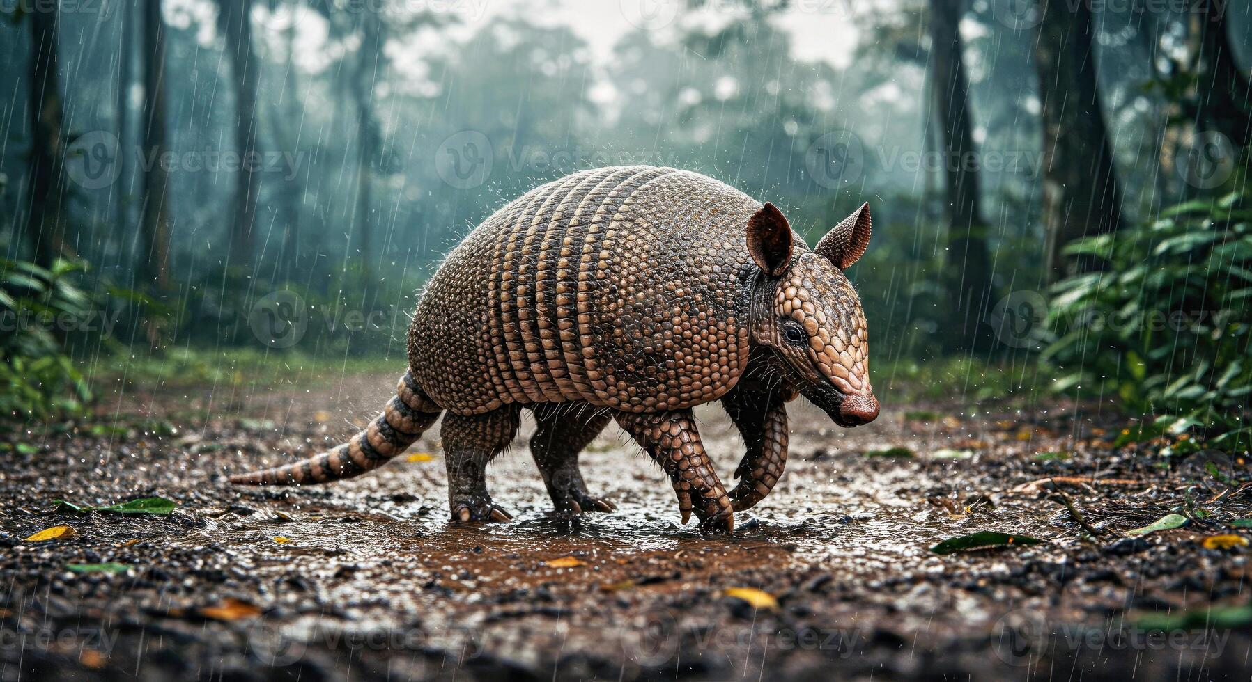 Armadillo walking in the rain photo