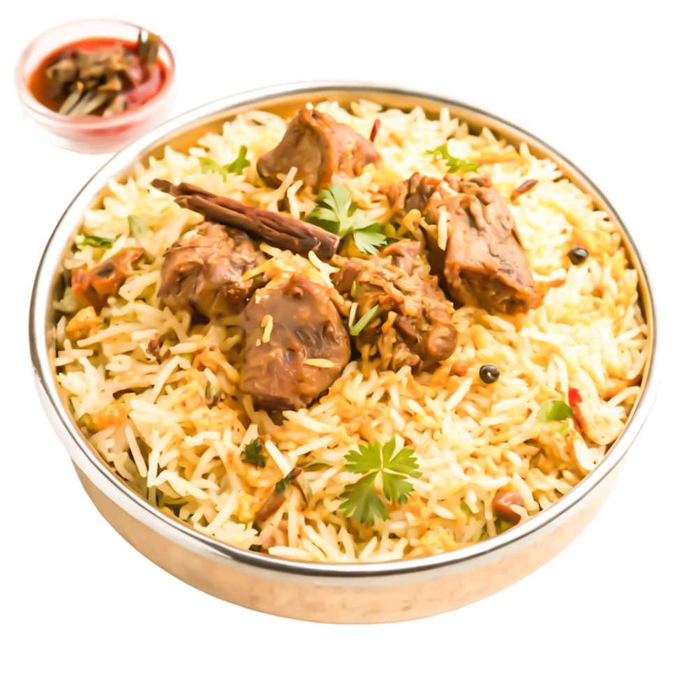 Delicious Mutton Biryani in a Brass Bowl with Spicy Dipping Sauce png