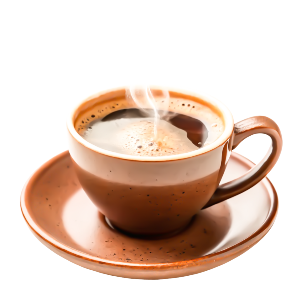 Aromatic Coffee in Brown Cup and Saucer Steam, Close-up, Isolated png