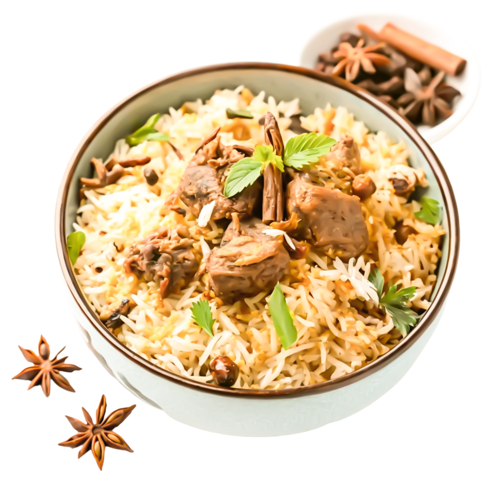 Delicious Mutton Biryani in Bowl, Aromatic Spices, Indian Cuisine Food Photography png