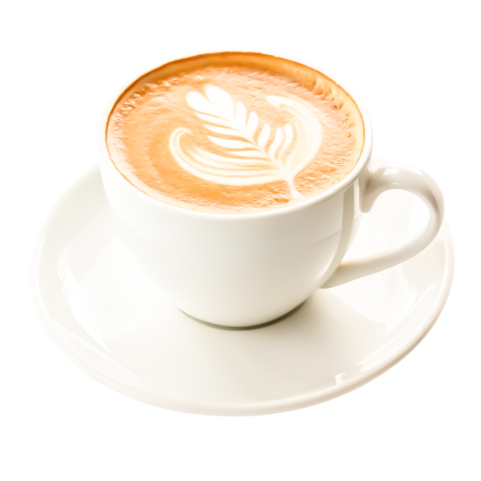 Delicious Latte Art Coffee in White Cup and Saucer, Isolated png