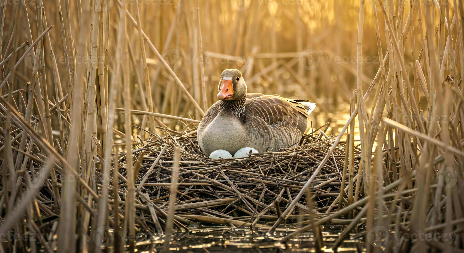A duck sits in a nest of reeds photo