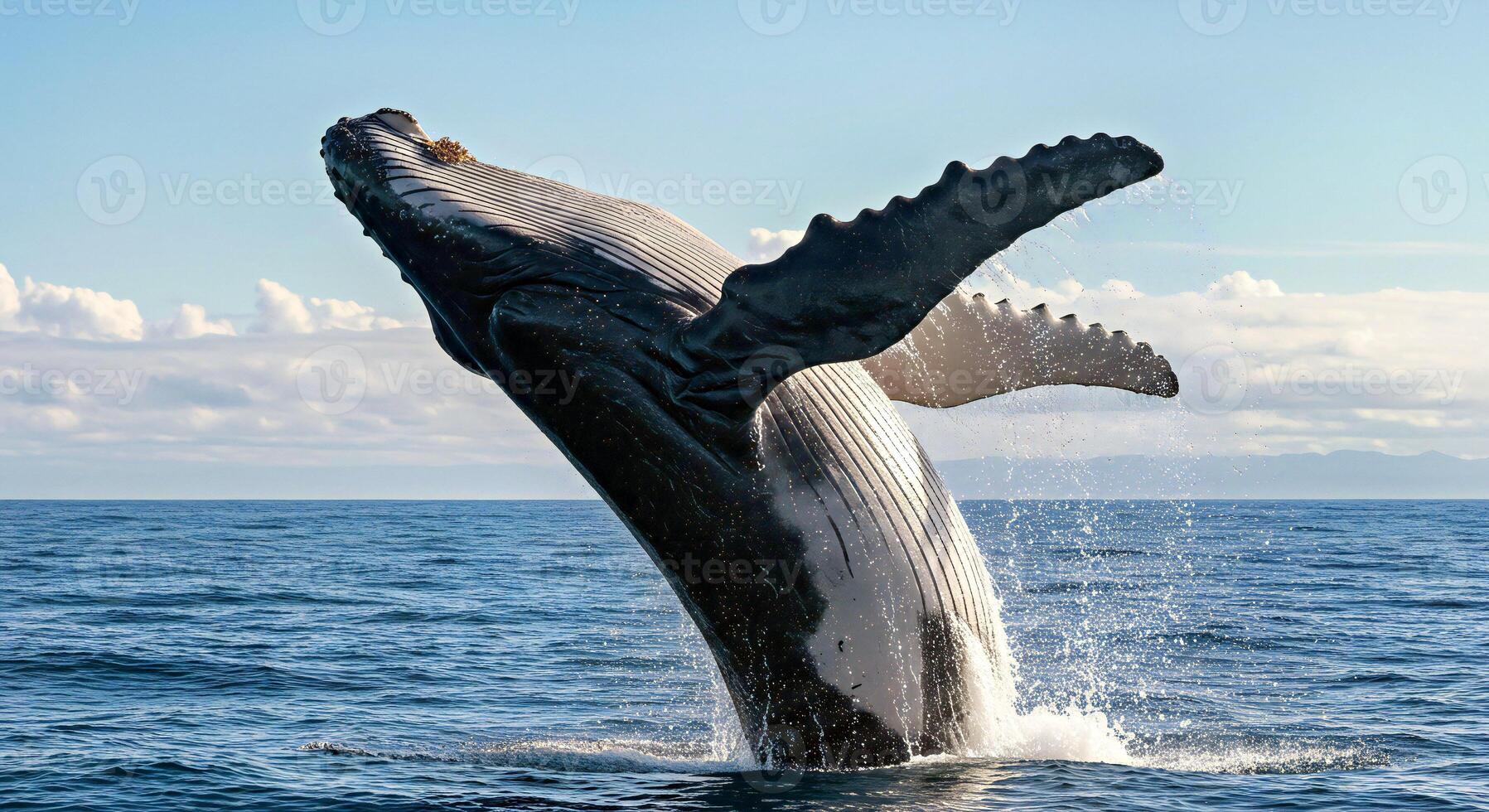A humpback whale is jumping out of the water photo