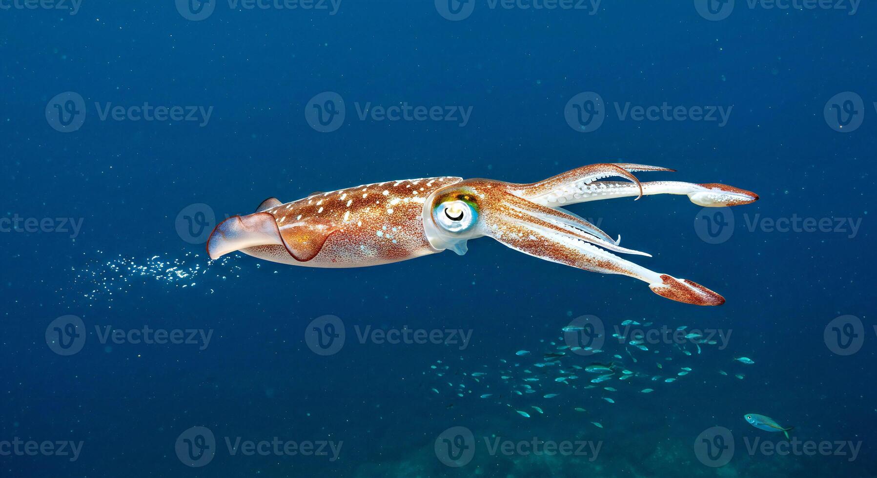 A cuttlefish swimming in the ocean with other fish photo
