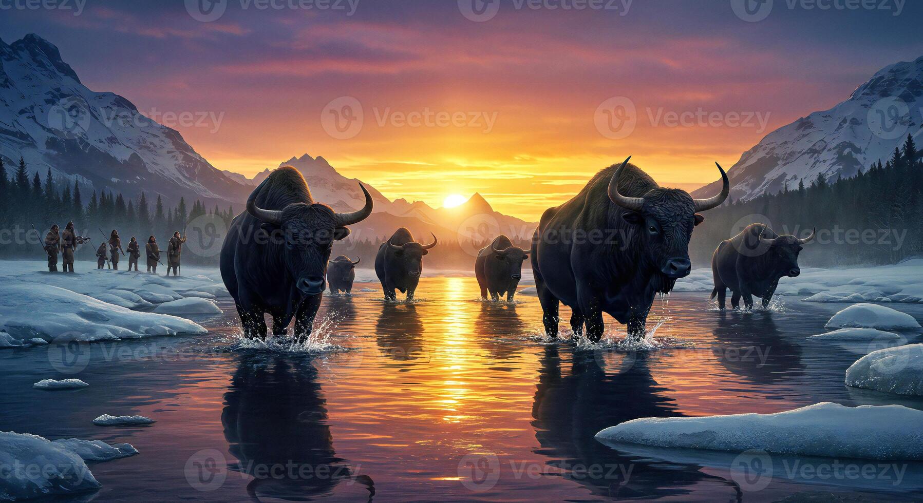 A group of bison walking across a river at sunset photo