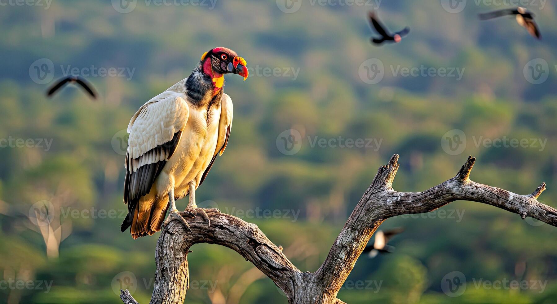 A large bird with a red beak sitting on a tree branch photo