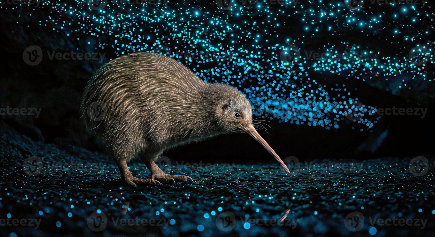 A kiwi is standing in a cave with glowing lights photo